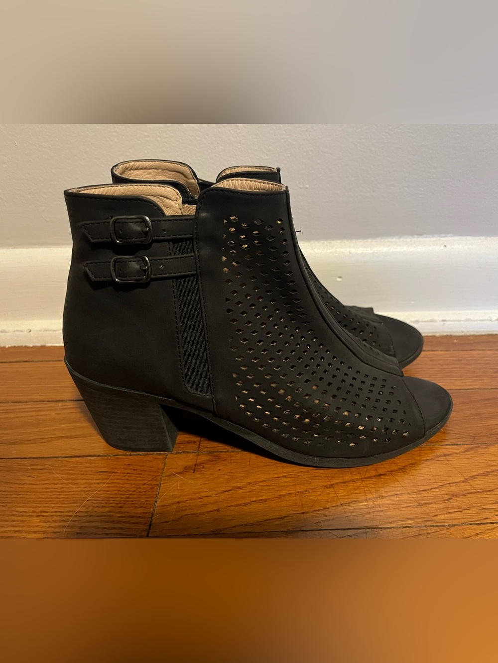 Women's Black Perforated Ankle Booties with Buckle Detail